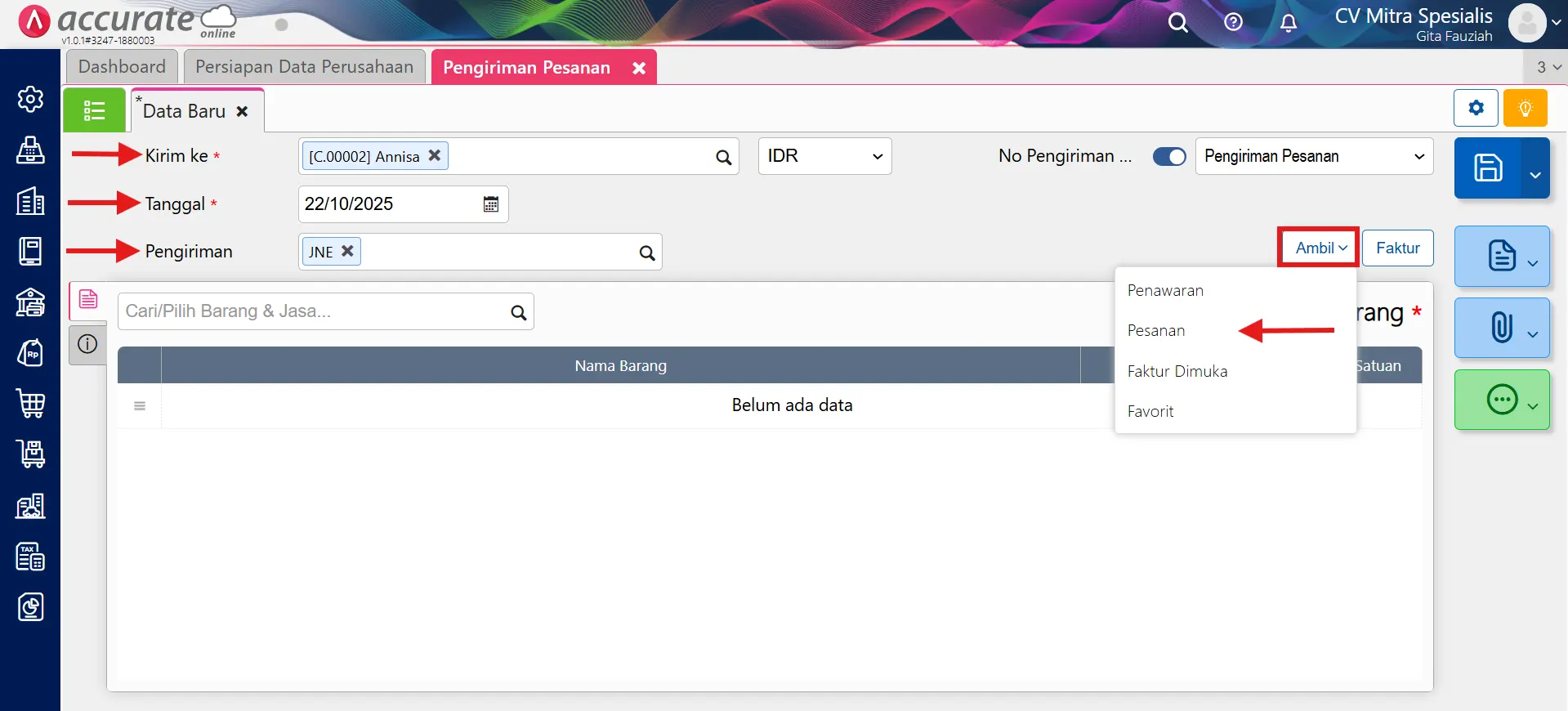 catat pengiriman pesanan dari pesanan penjualan